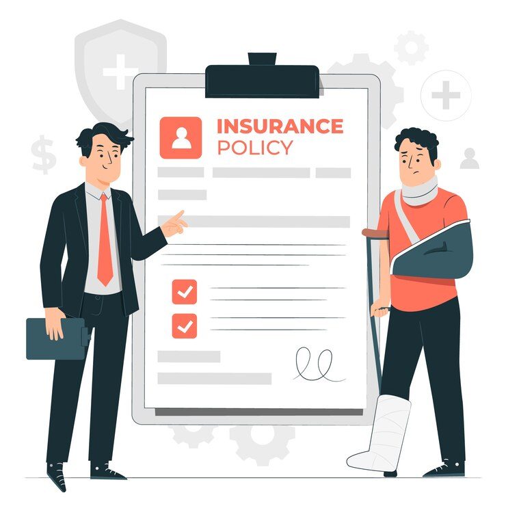 Two men discuss an insurance policy; one has an arm in a sling and a leg in a cast.
